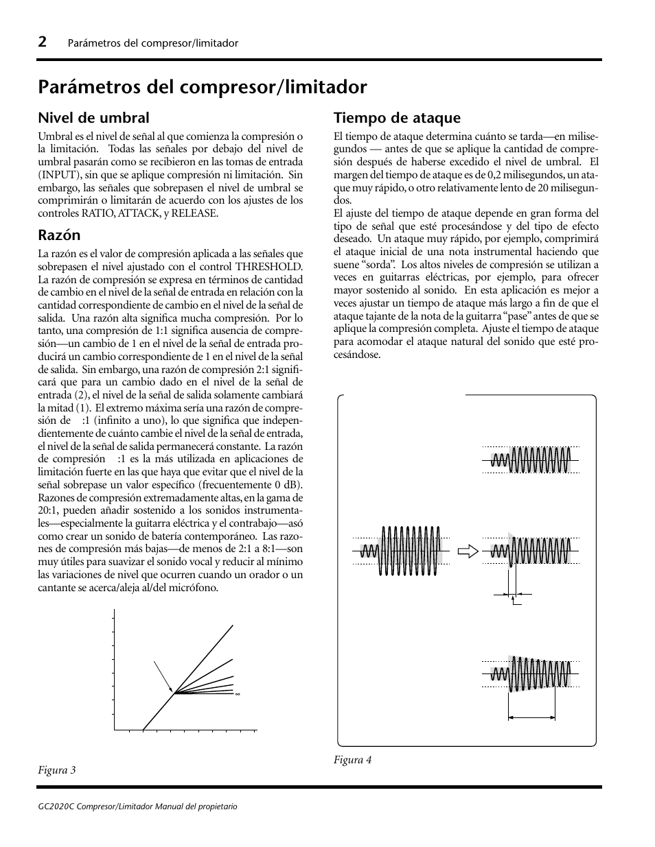 Parámetros del compresor/limitador, Nivel de umbral, Razón | Tiempo de ataque | Yamaha GC2020C User Manual | Page 41 / 50