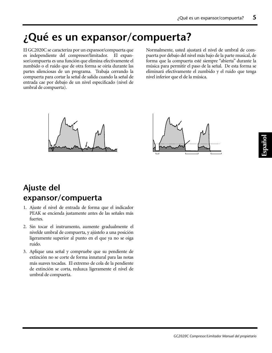 Qué es un expansor/compuerta, Ajuste del expansor/compuerta, Español | Yamaha GC2020C User Manual | Page 44 / 50