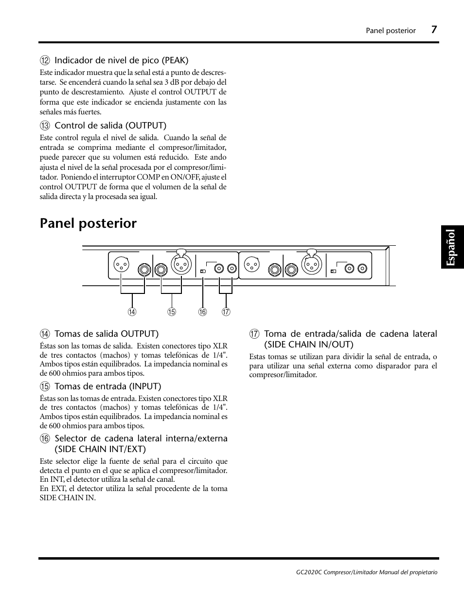 Panel posterior, Español | Yamaha GC2020C User Manual | Page 46 / 50