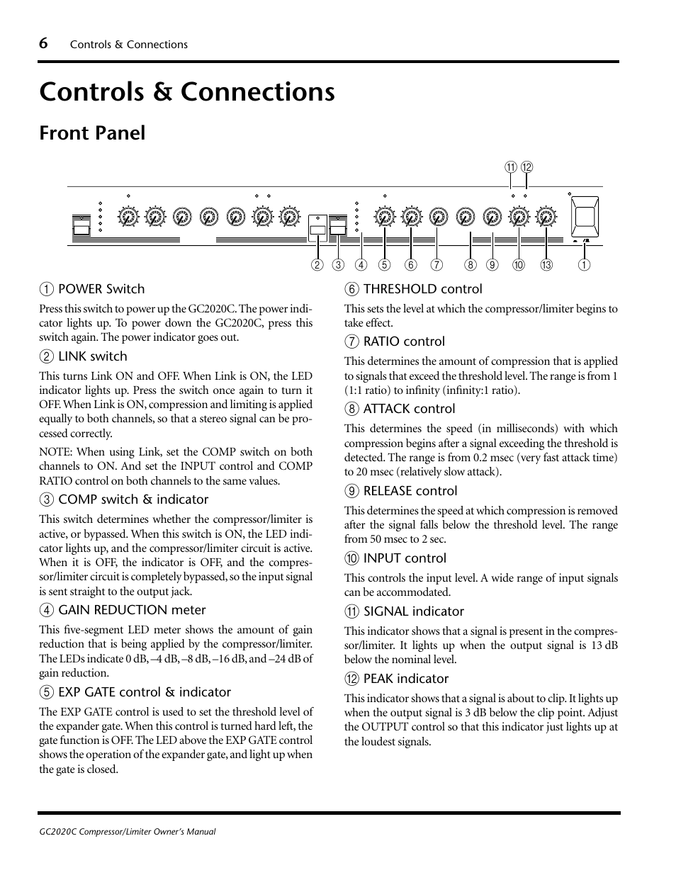 Controls & connections, Front panel, Power switch | Link switch, Comp switch & indicator, Gain reduction meter, Exp gate control & indicator, Threshold control, Ratio control, Attack control | Yamaha GC2020C User Manual | Page 9 / 50