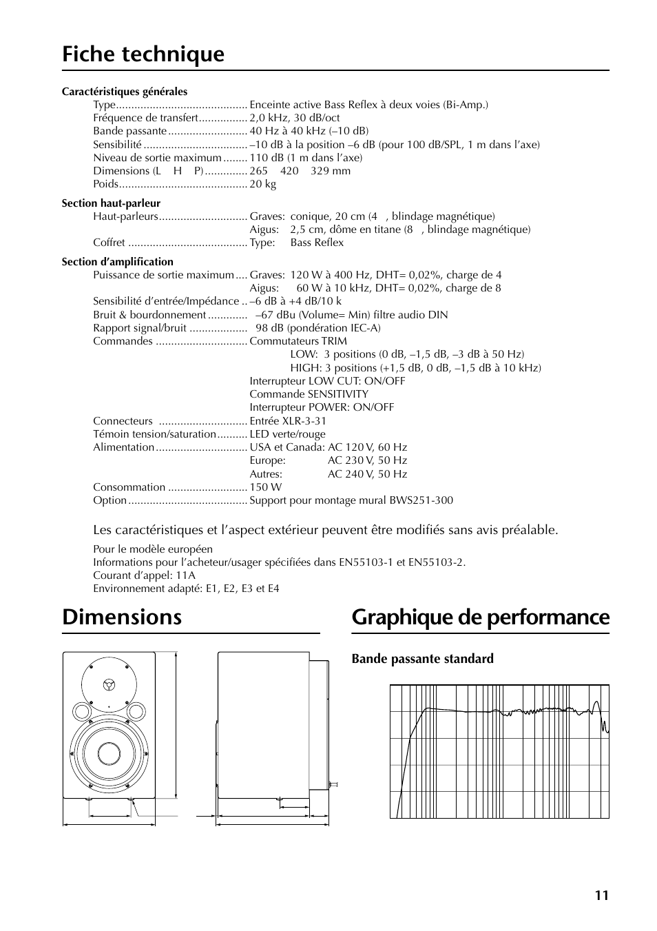 Fiche technique, Dimensions, Graphique de performance | Dimensions graphique de performance | Yamaha MSP10 User Manual | Page 10 / 22