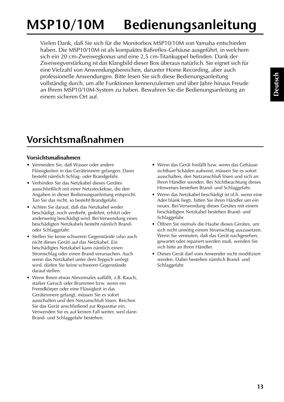 Msp10/10m bedienungsanleitung, Vorsichtsmaßnahmen | Yamaha MSP10 User Manual | Page 12 / 22