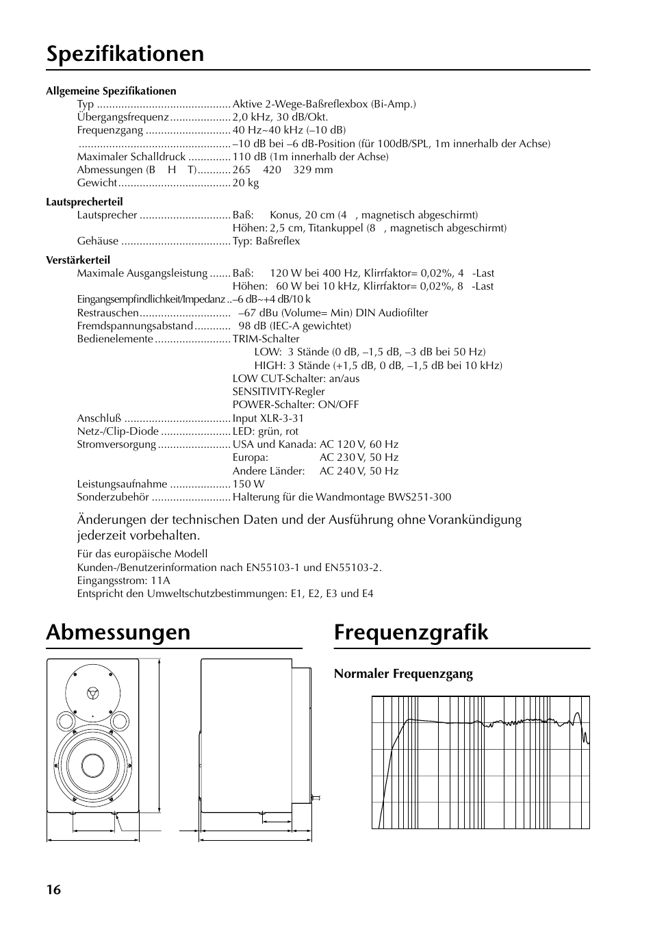 Spezifikationen, Abmessungen, Frequenzgrafik | Abmessungen frequenzgrafik | Yamaha MSP10 User Manual | Page 15 / 22