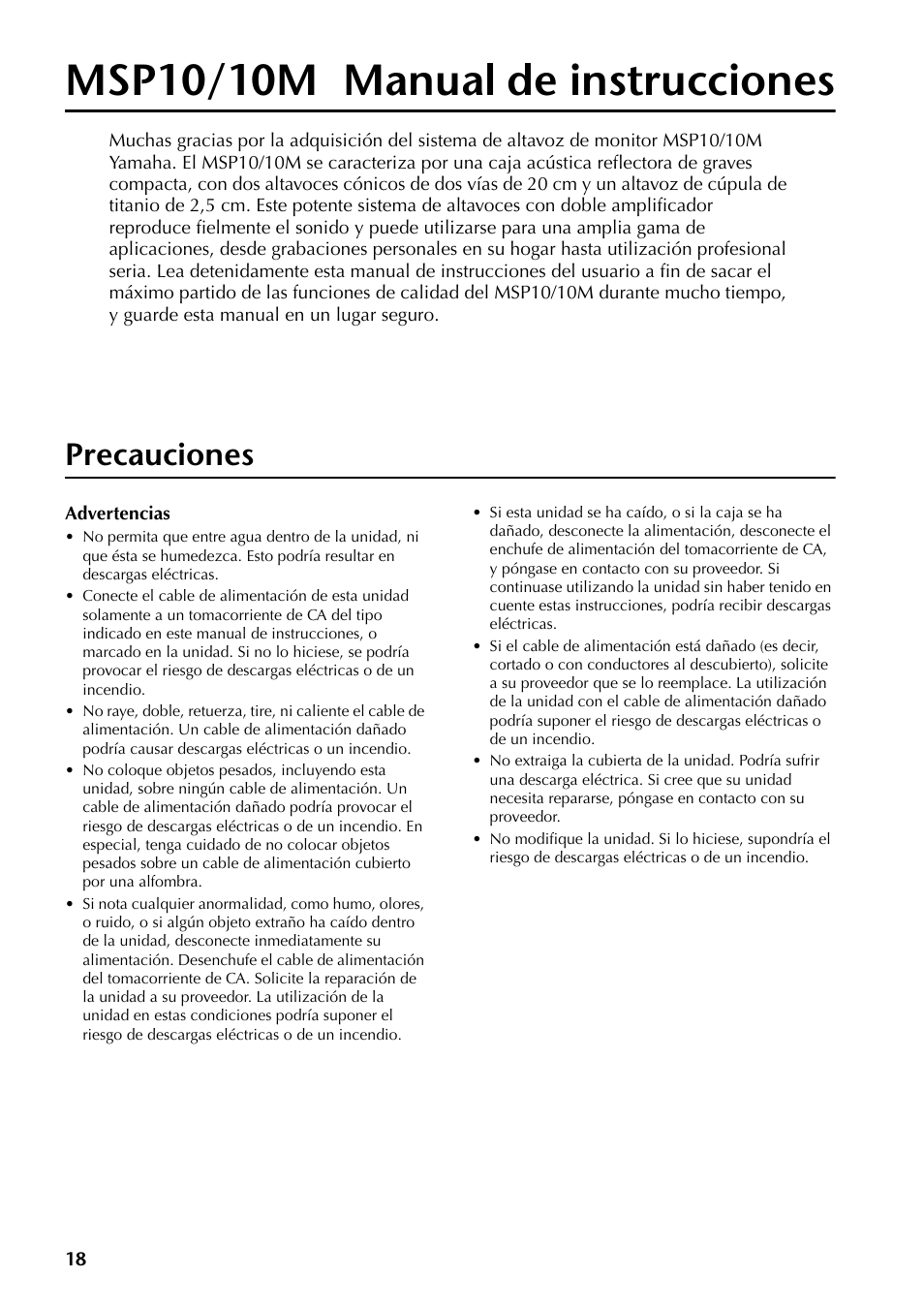 Msp10/10m manual de instrucciones, Precauciones | Yamaha MSP10 User Manual | Page 17 / 22