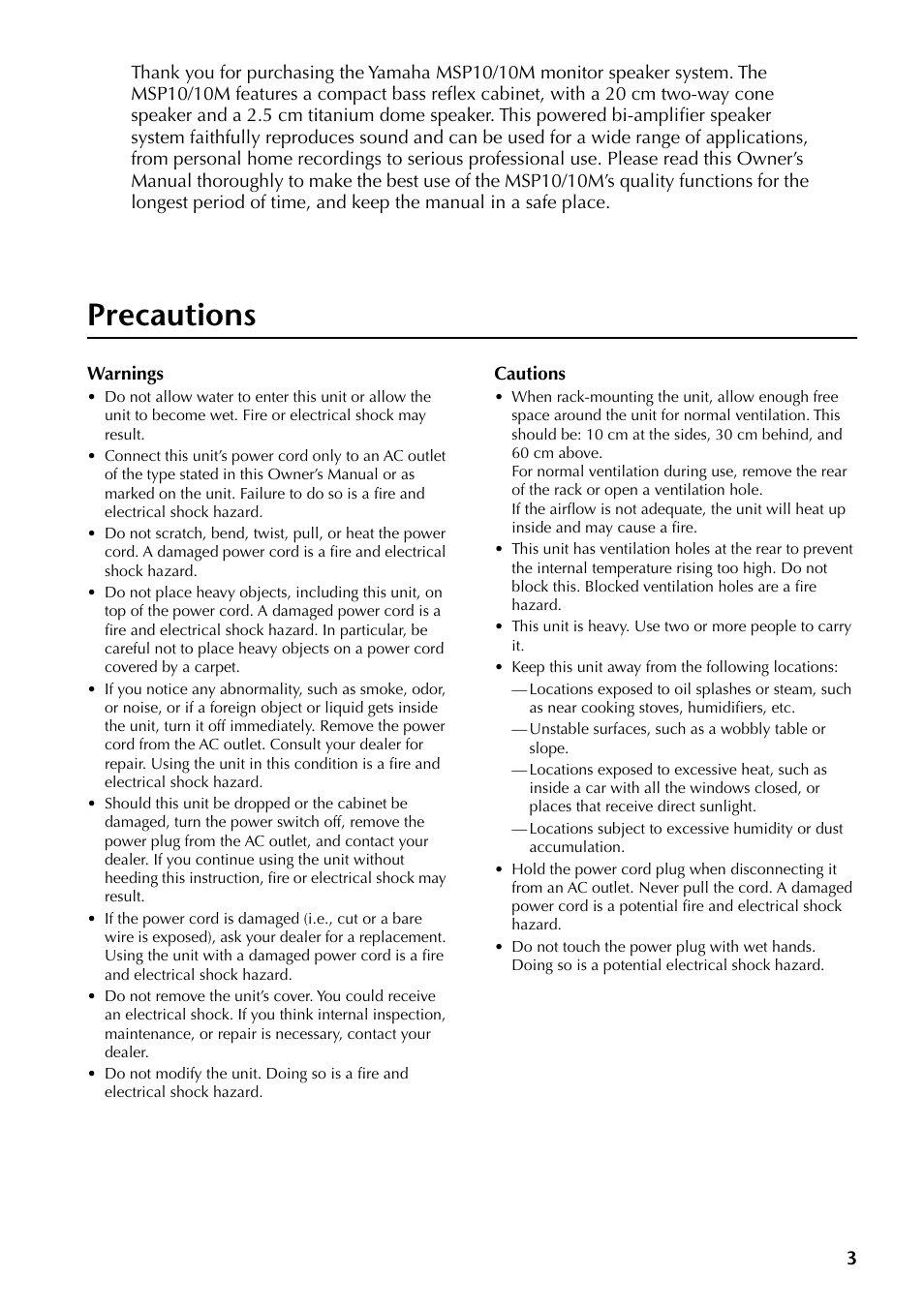 Msp10/10m owner’s manual, Precautions | Yamaha MSP10 User Manual | Page 2 / 22