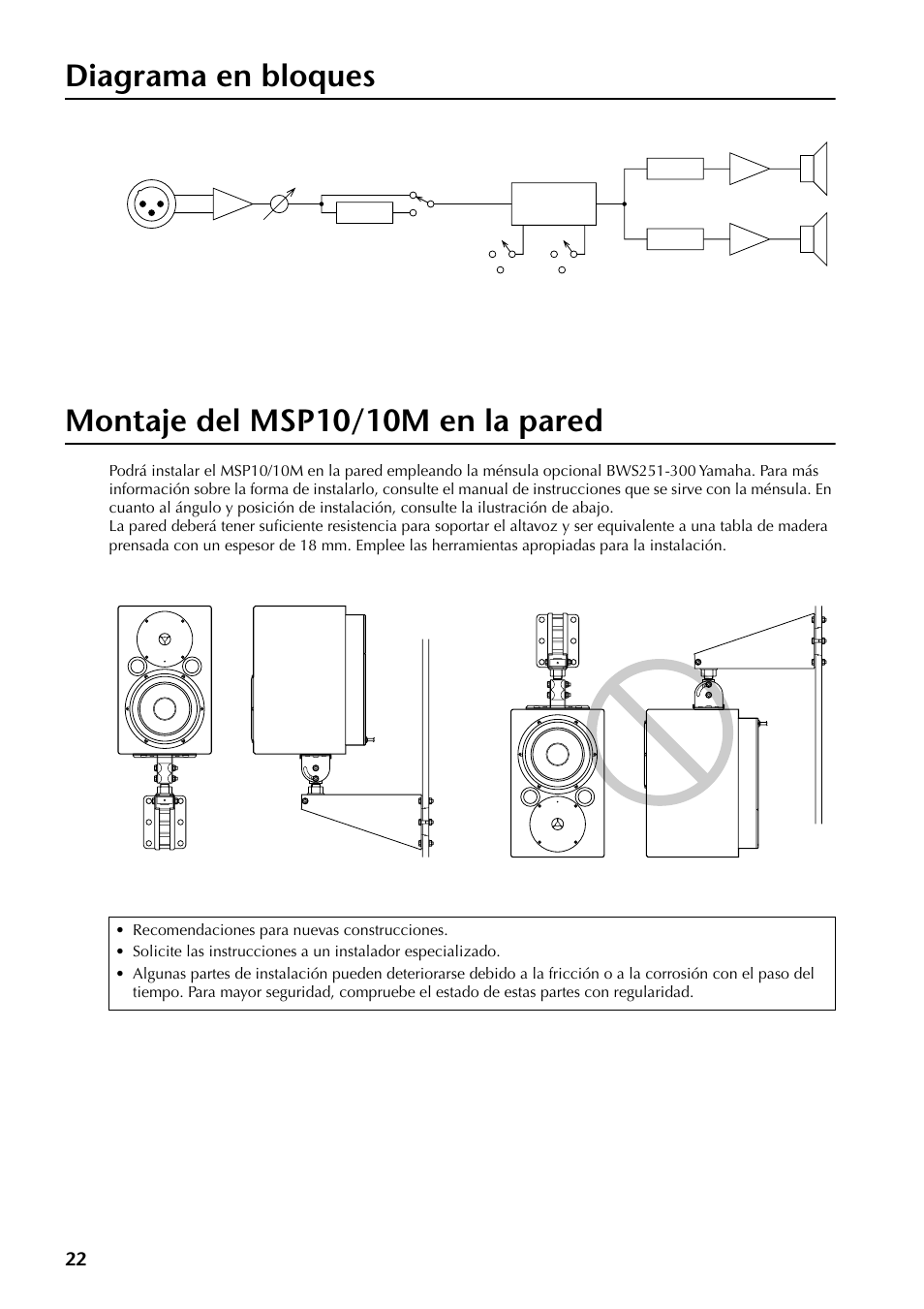 Diagrama en bloques, Montaje del msp10/10m en la pared | Yamaha MSP10 User Manual | Page 21 / 22