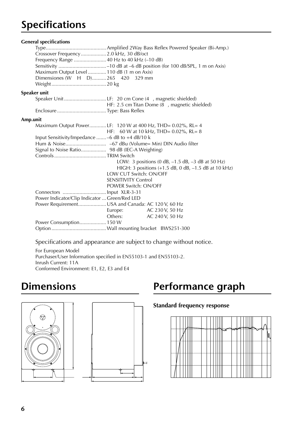 Specifications, Dimensions, Performance graph | Dimensions performance graph | Yamaha MSP10 User Manual | Page 5 / 22
