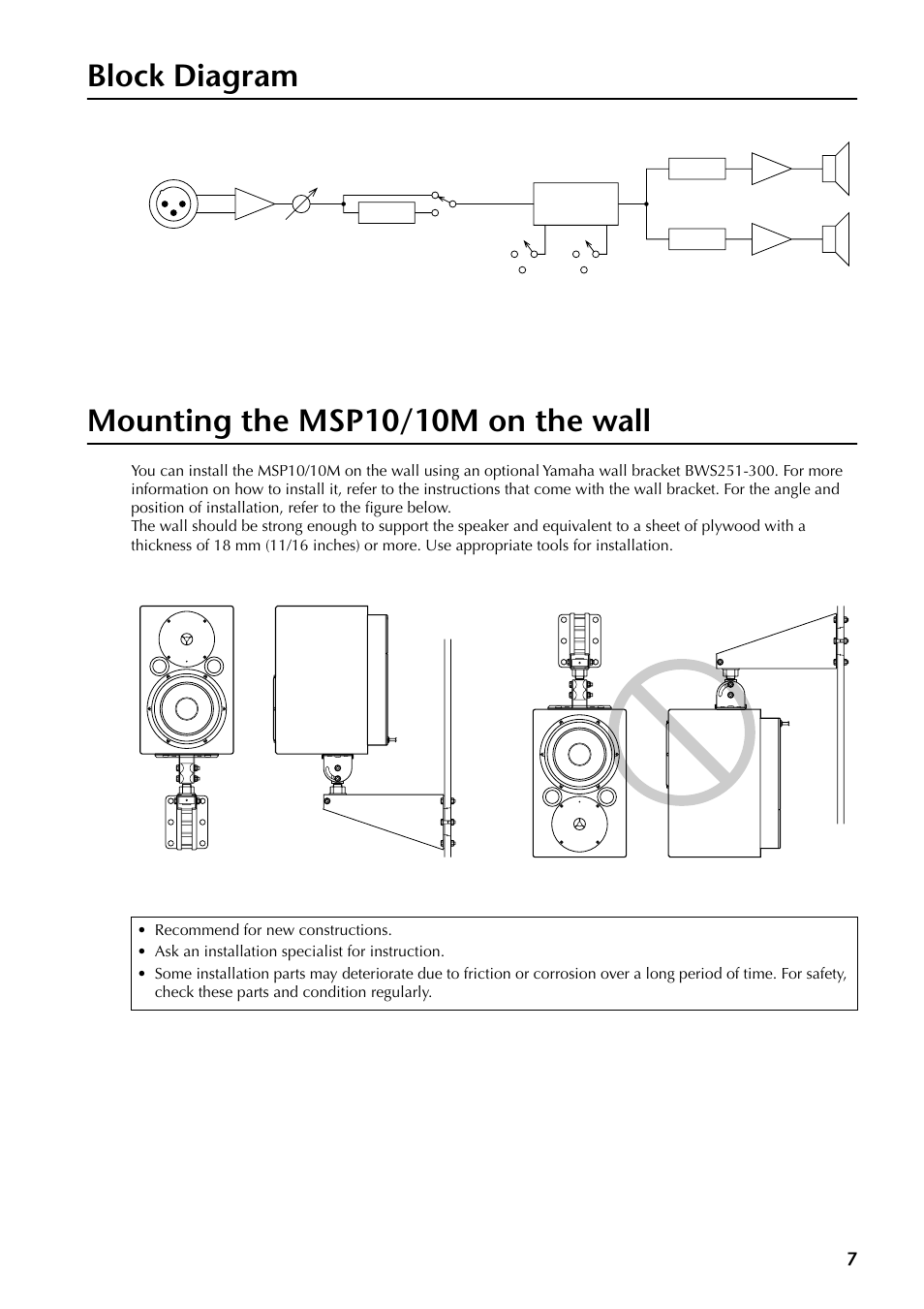 Block diagram, Mounting the msp10/10m on the wall, Block diagram mounting the msp10/10m on the wall | Yamaha MSP10 User Manual | Page 6 / 22