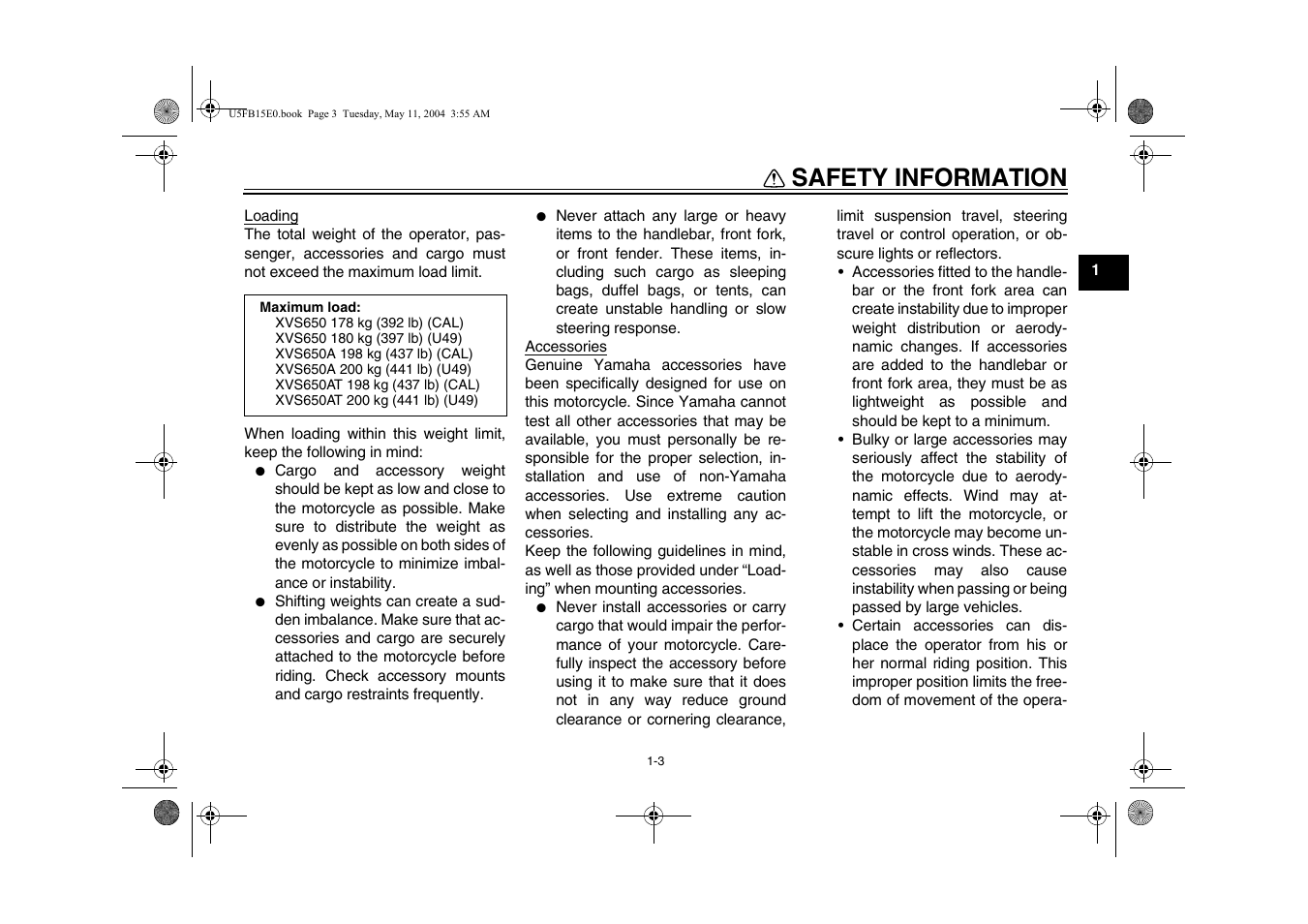 Safety information | Yamaha XVS650ATT(C User Manual | Page 11 / 101