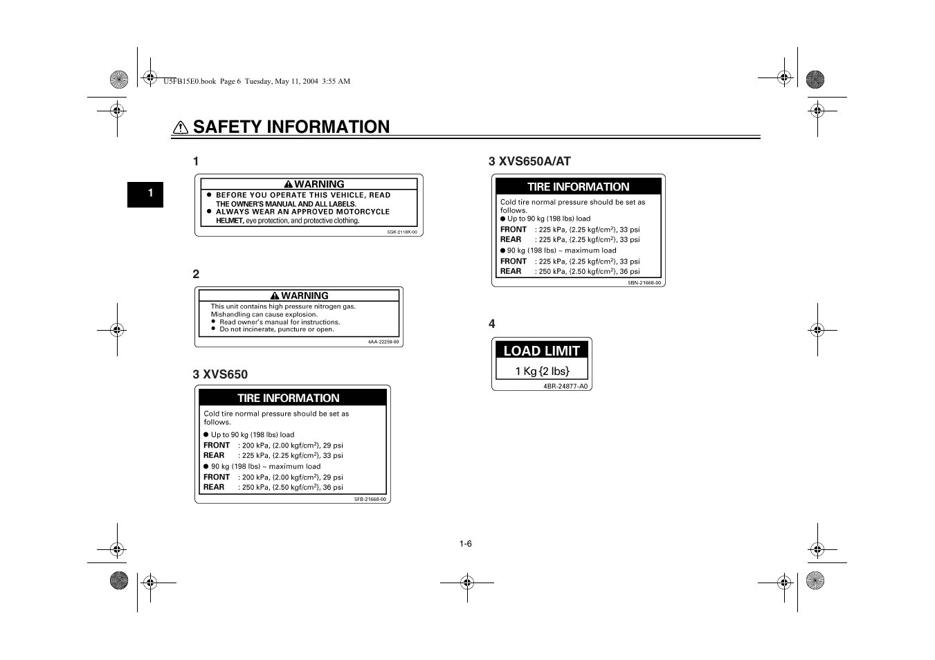 Safety information | Yamaha XVS650ATT(C User Manual | Page 14 / 101