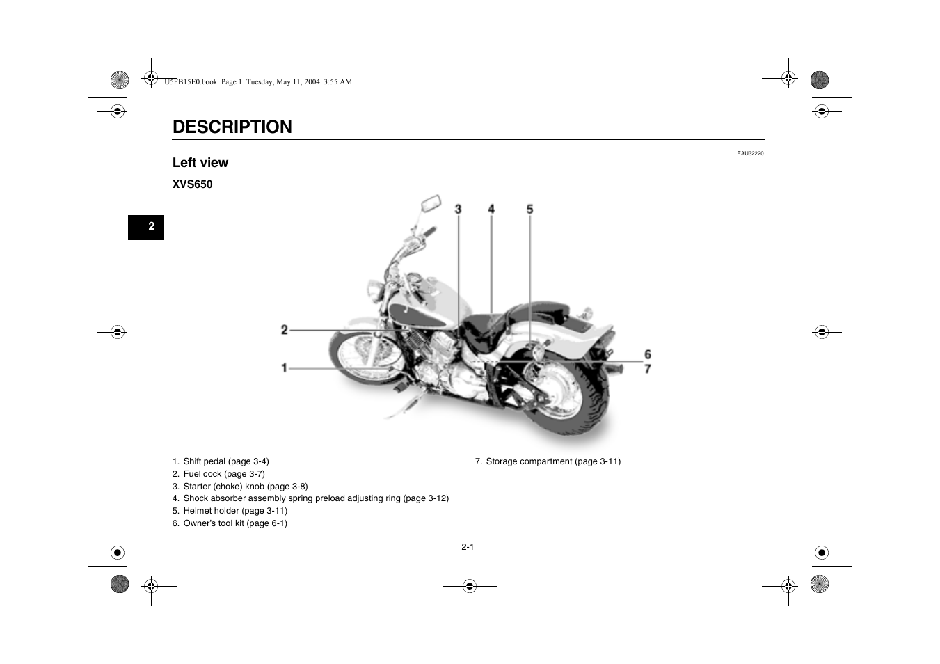 Description, Left view | Yamaha XVS650ATT(C User Manual | Page 16 / 101