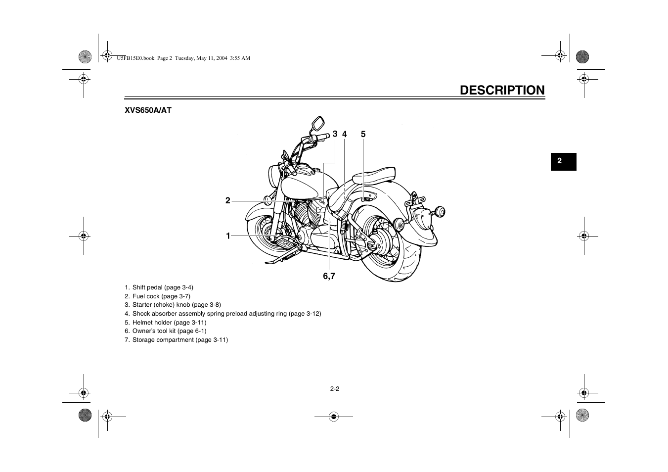 Description | Yamaha XVS650ATT(C User Manual | Page 17 / 101