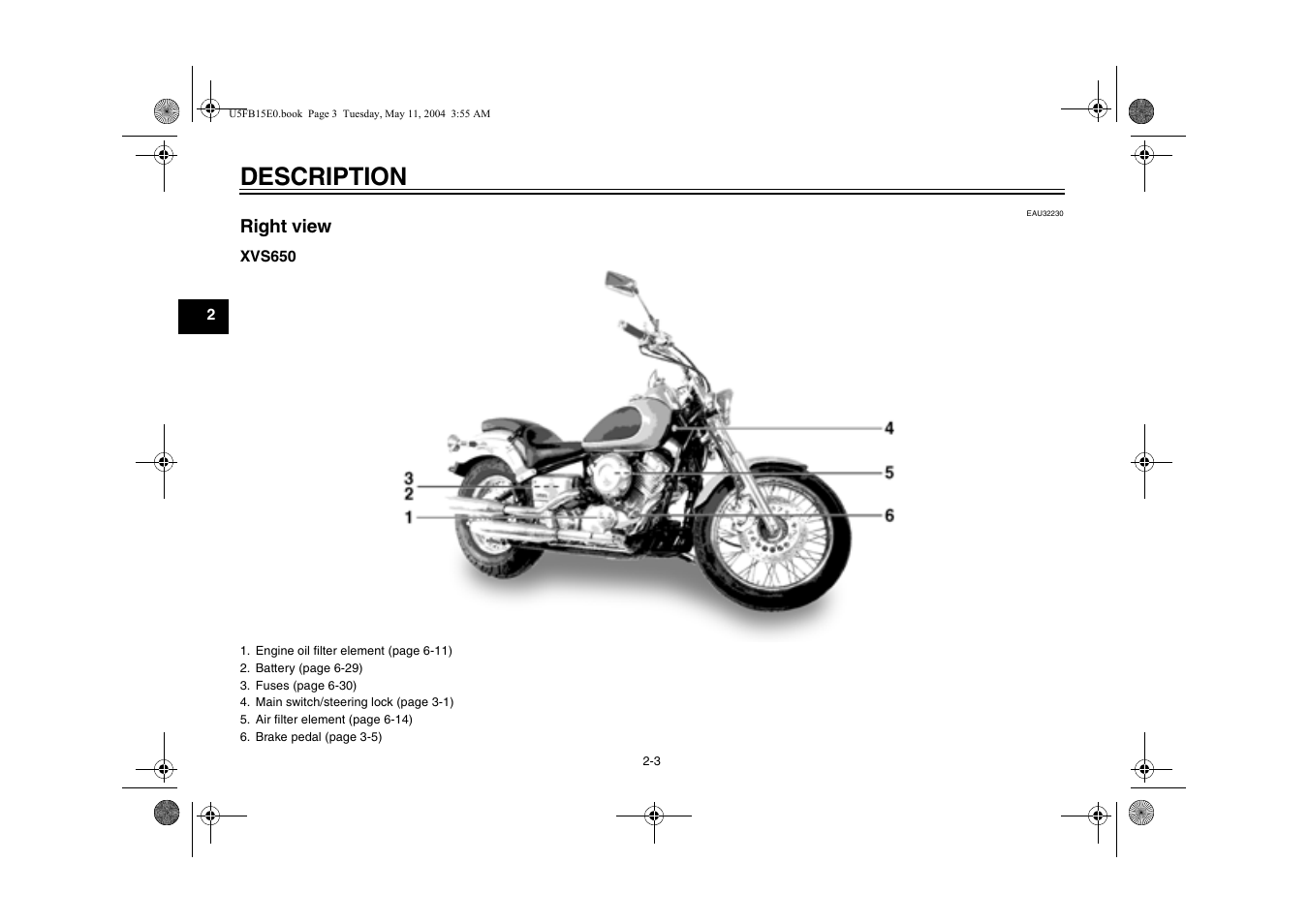 Description, Right view | Yamaha XVS650ATT(C User Manual | Page 18 / 101