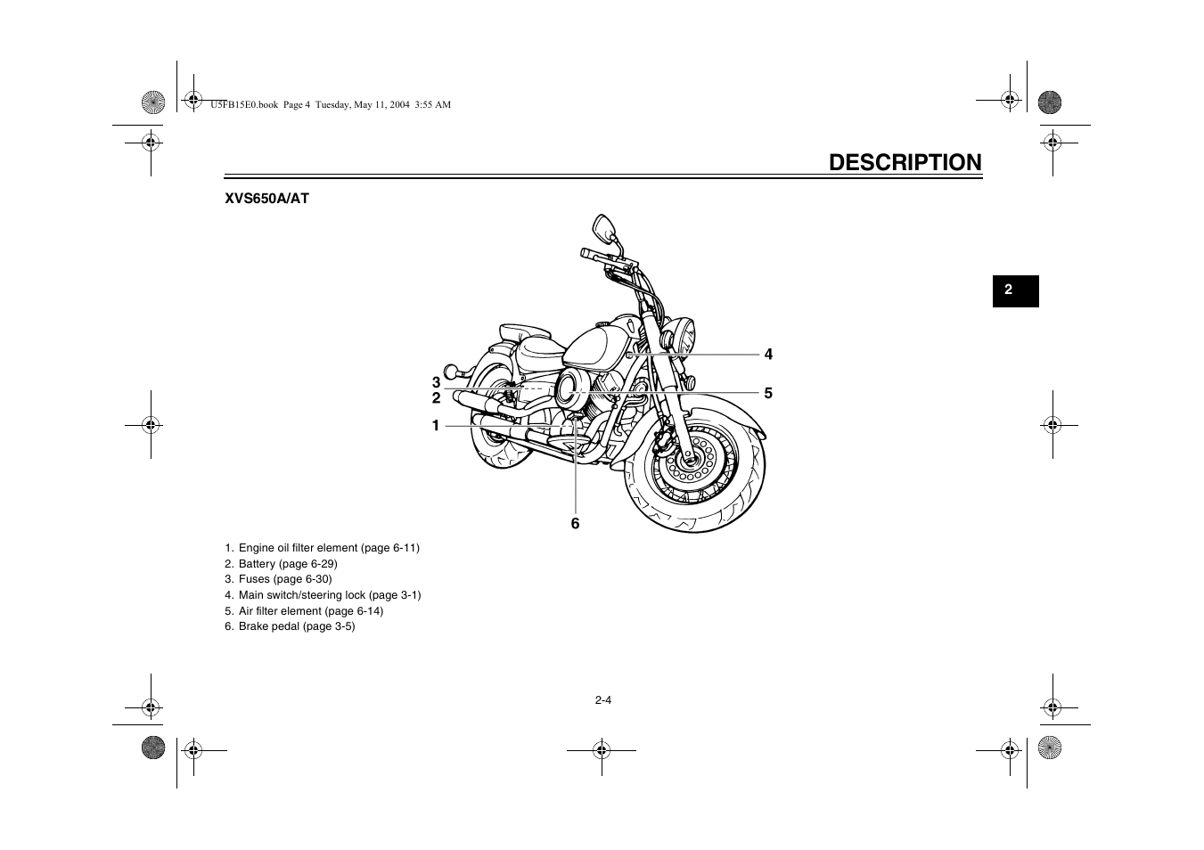 Description | Yamaha XVS650ATT(C User Manual | Page 19 / 101