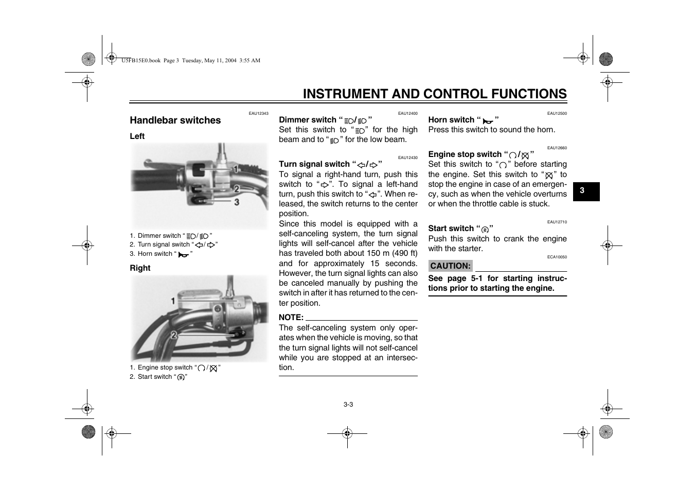 Handlebar switches, Instrument and control functions | Yamaha XVS650ATT(C User Manual | Page 23 / 101