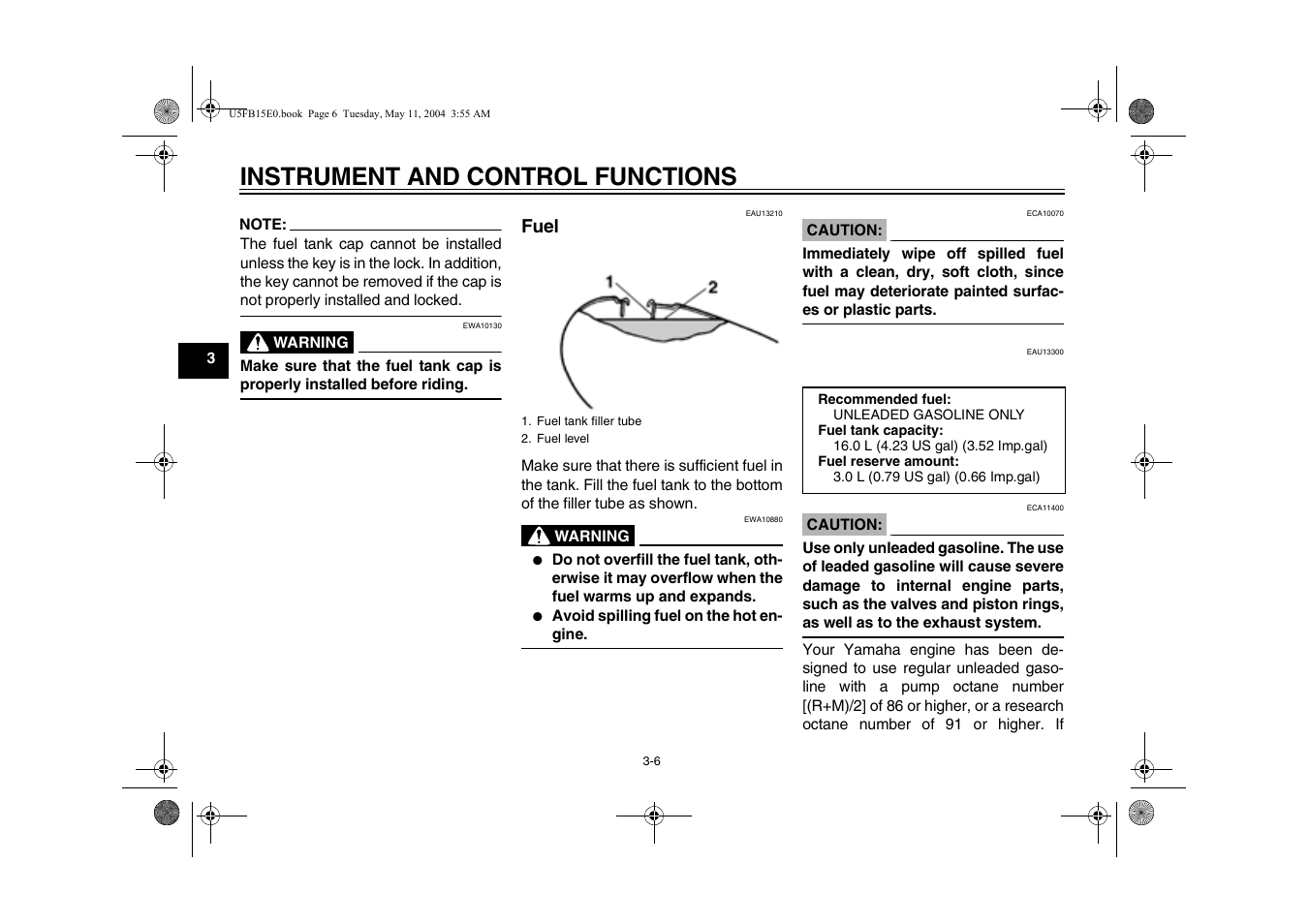Fuel, Instrument and control functions | Yamaha XVS650ATT(C User Manual | Page 26 / 101