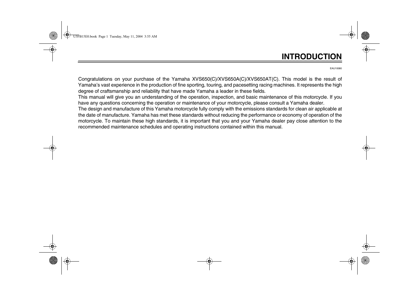 Introduction | Yamaha XVS650ATT(C User Manual | Page 3 / 101