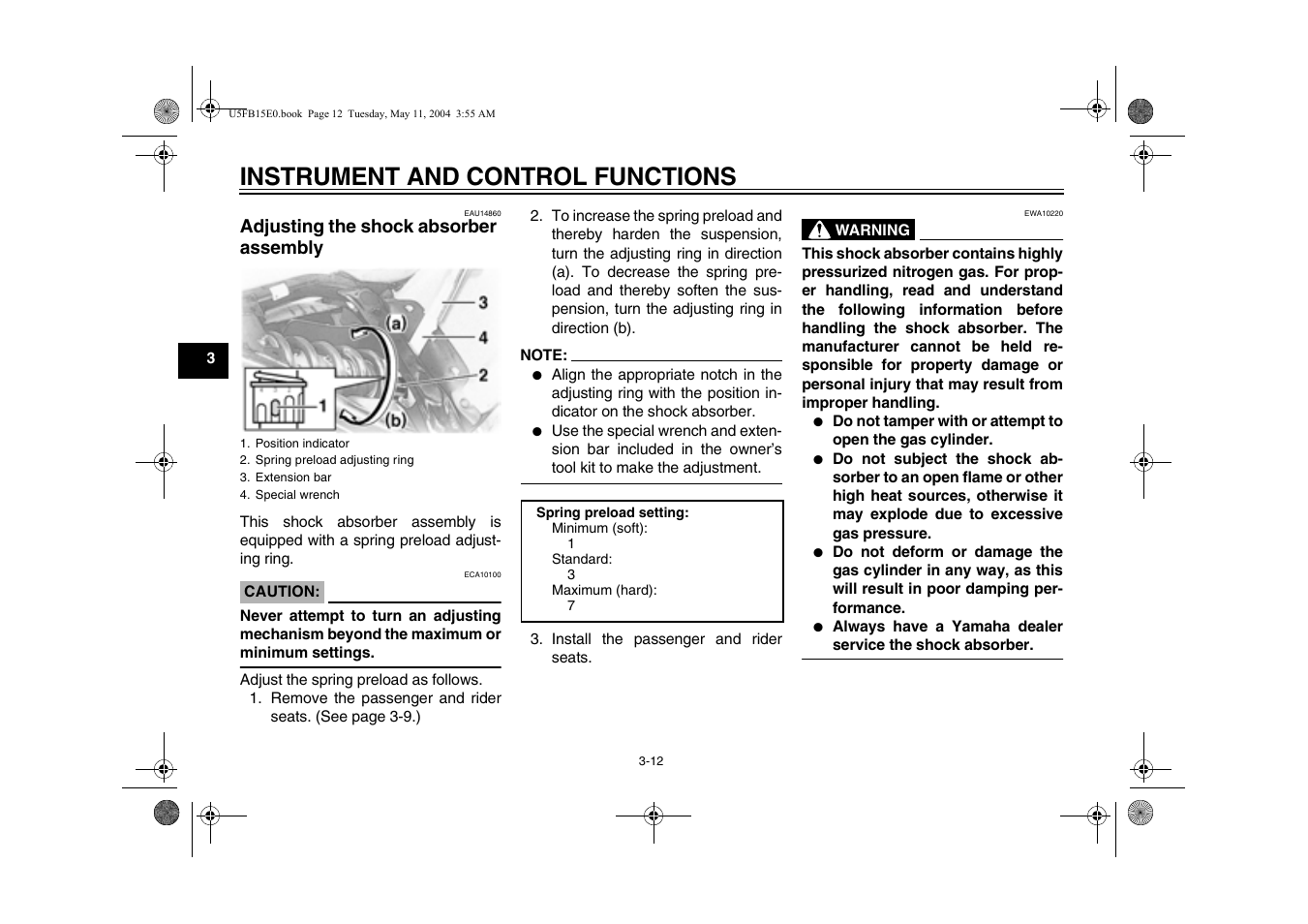 Adjusting the shock absorber assembly, Instrument and control functions | Yamaha XVS650ATT(C User Manual | Page 32 / 101