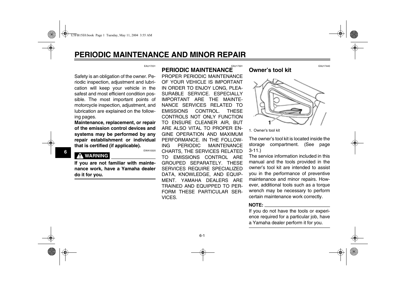 Periodic maintenance and minor repair, Owner's tool kit | Yamaha XVS650ATT(C User Manual | Page 44 / 101