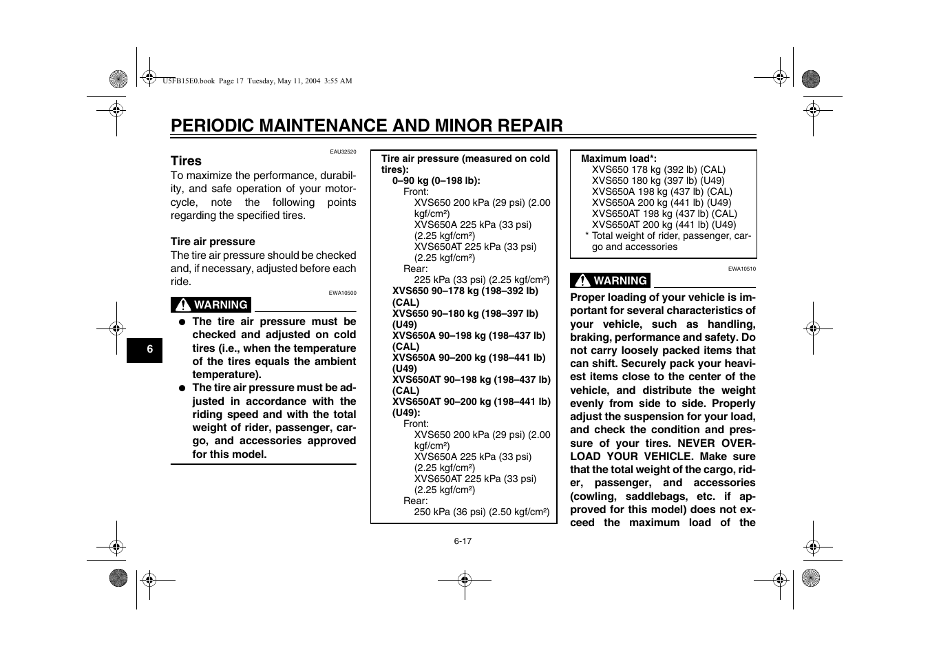 Tires, Periodic maintenance and minor repair | Yamaha XVS650ATT(C User Manual | Page 60 / 101