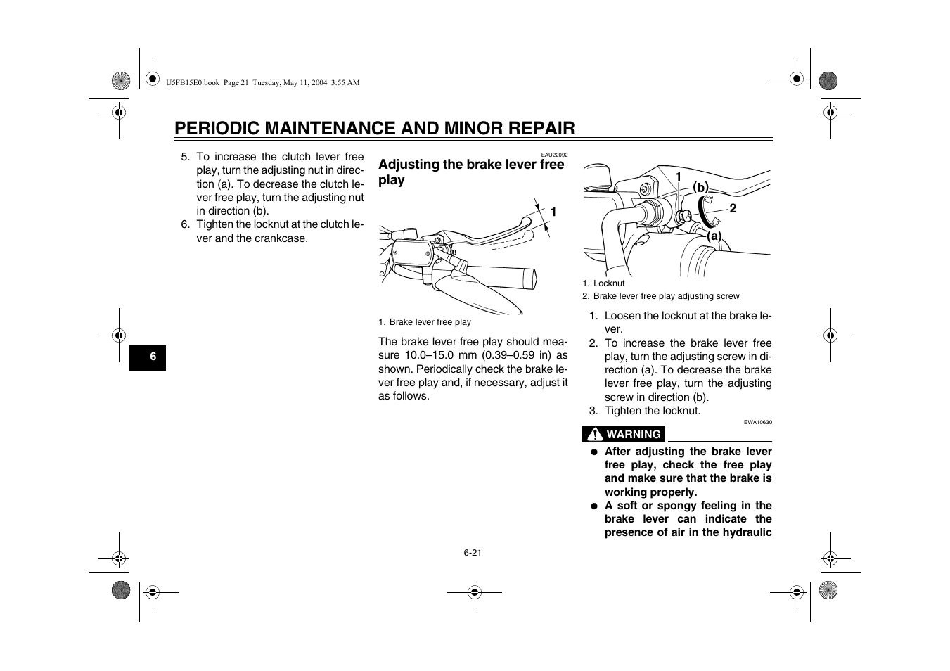 Adjusting the brake lever free play, Periodic maintenance and minor repair | Yamaha XVS650ATT(C User Manual | Page 64 / 101