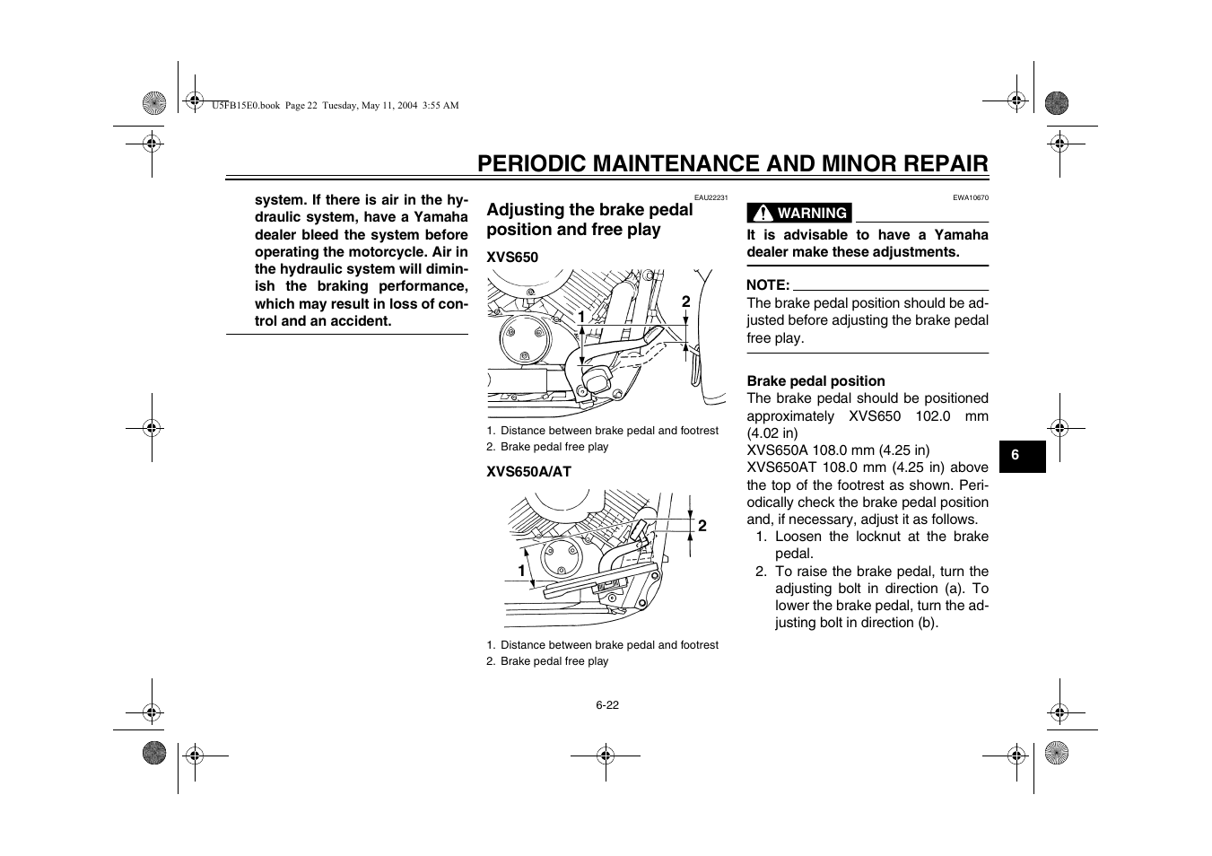 Adjusting the brake pedal position and free play, Periodic maintenance and minor repair | Yamaha XVS650ATT(C User Manual | Page 65 / 101