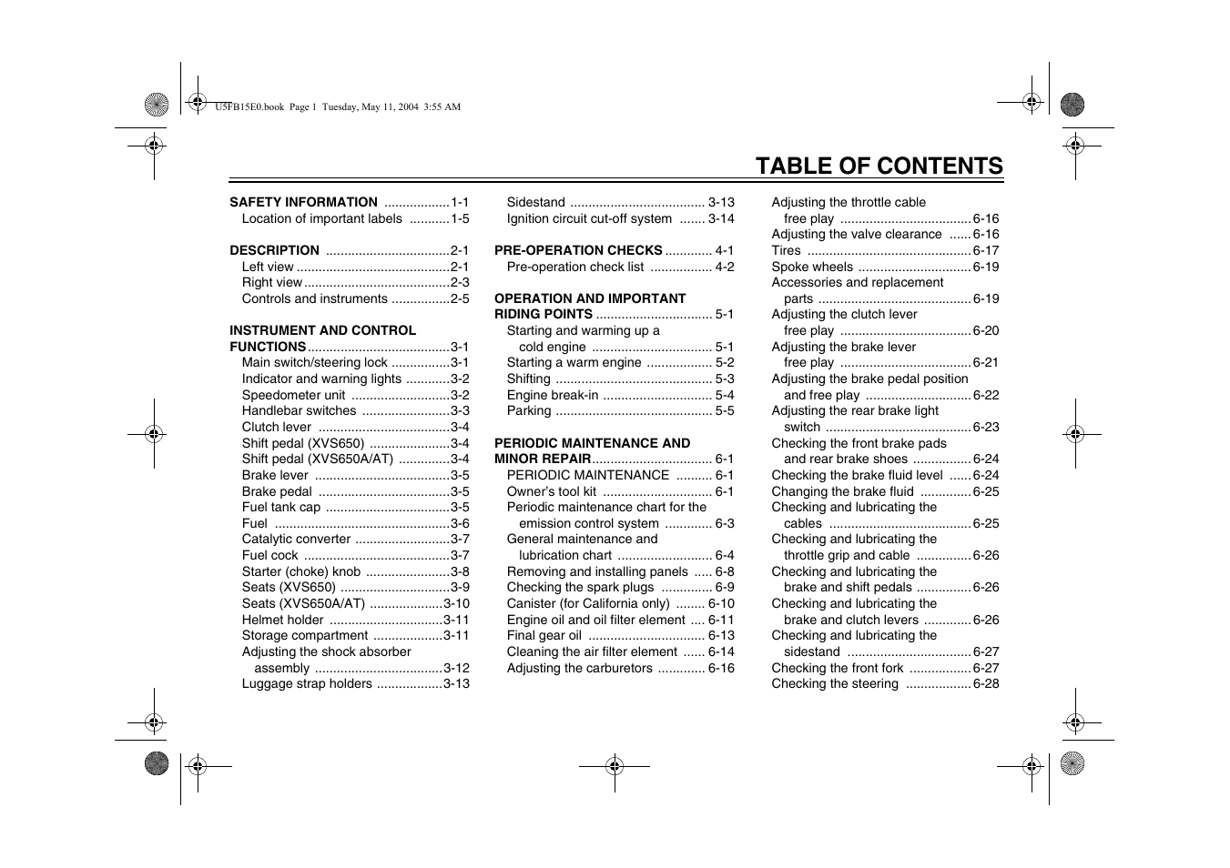 Yamaha XVS650ATT(C User Manual | Page 7 / 101