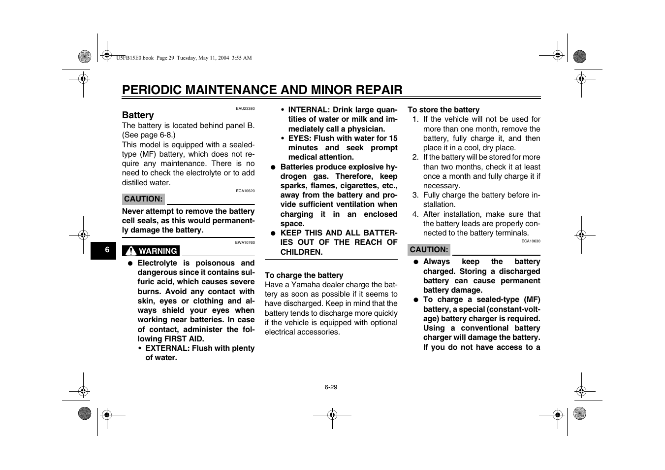 Battery, Periodic maintenance and minor repair | Yamaha XVS650ATT(C User Manual | Page 72 / 101