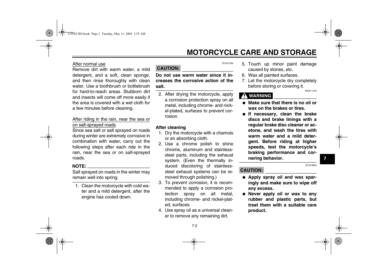 Motorcycle care and storage | Yamaha XVS650ATT(C User Manual | Page 83 / 101