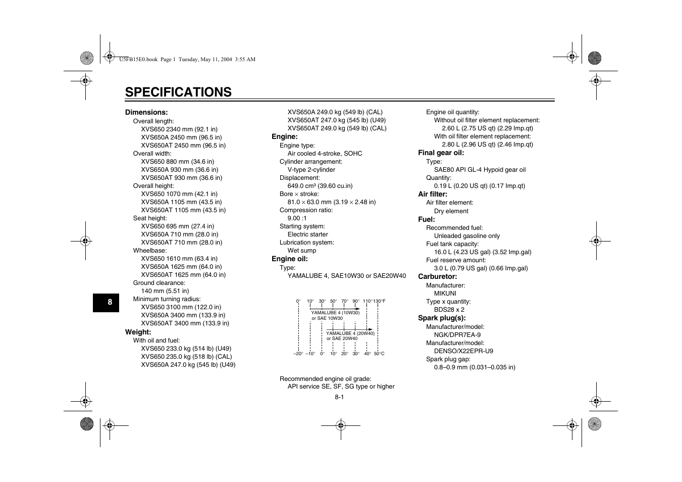 Specifications | Yamaha XVS650ATT(C User Manual | Page 86 / 101