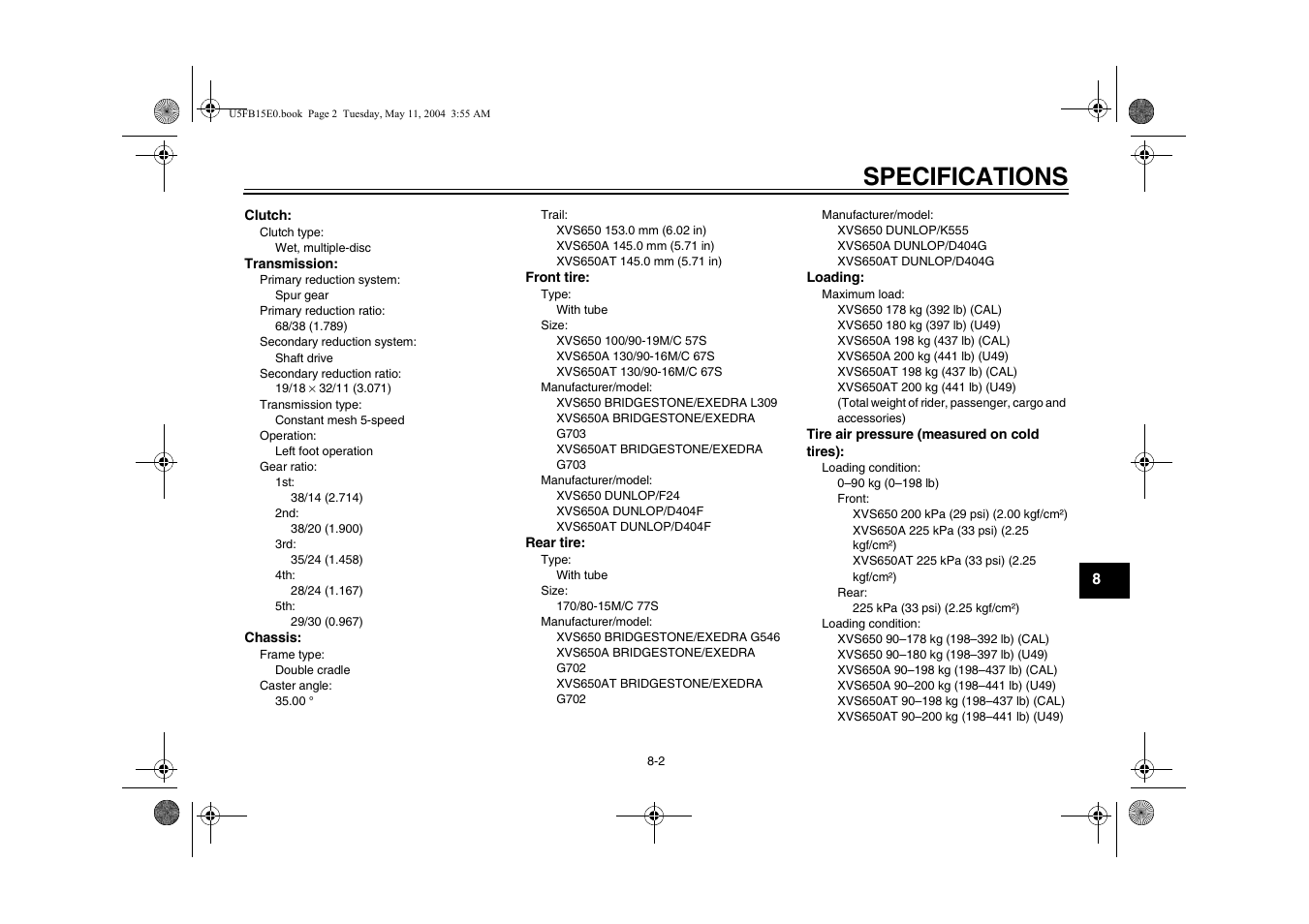 Specifications | Yamaha XVS650ATT(C User Manual | Page 87 / 101