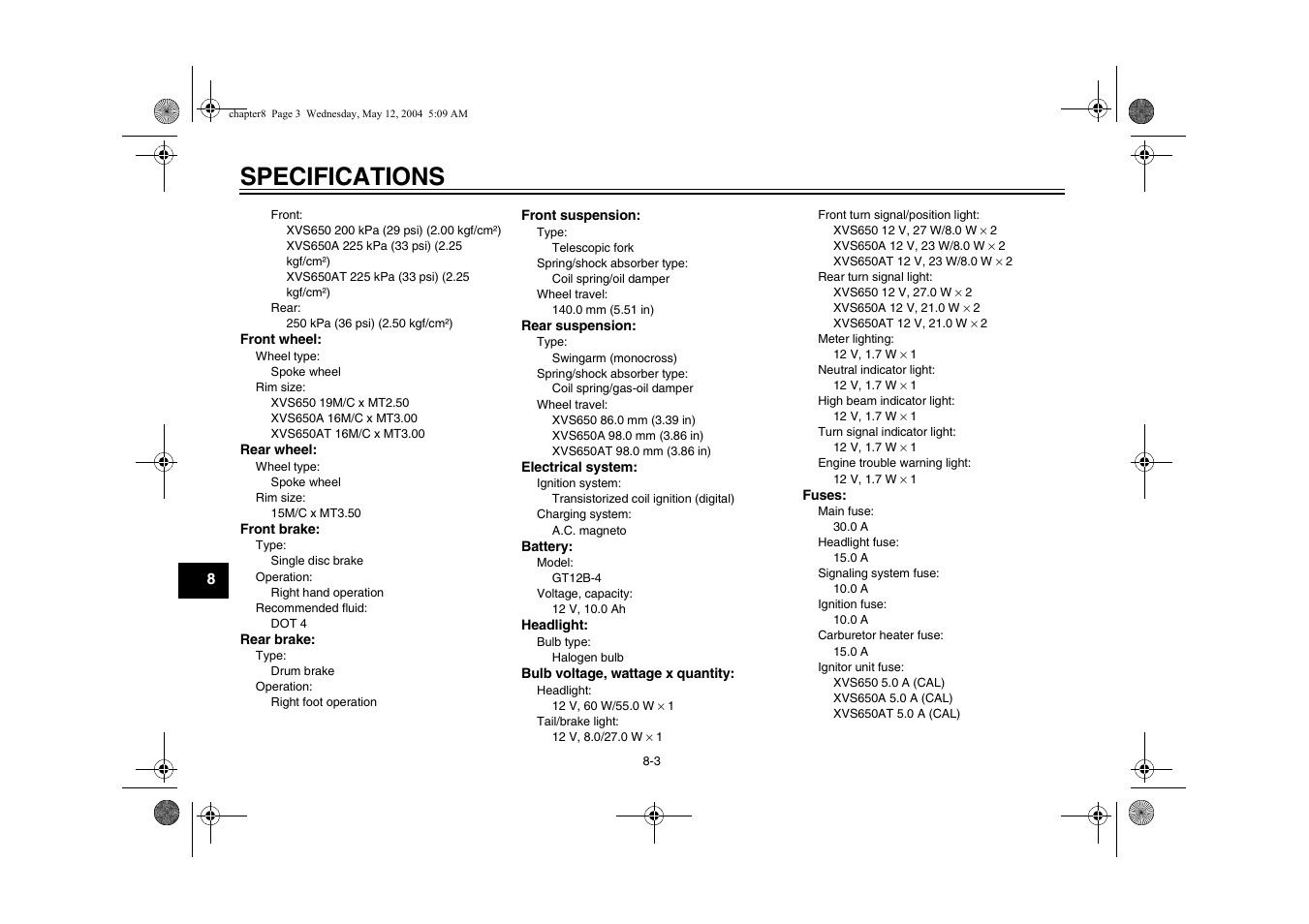 Specifications | Yamaha XVS650ATT(C User Manual | Page 88 / 101