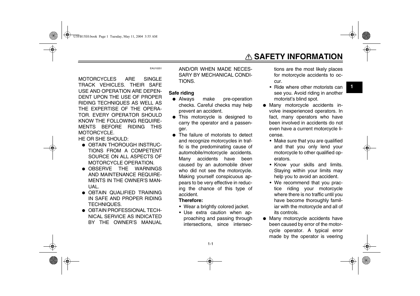 Safety information | Yamaha XVS650ATT(C User Manual | Page 9 / 101