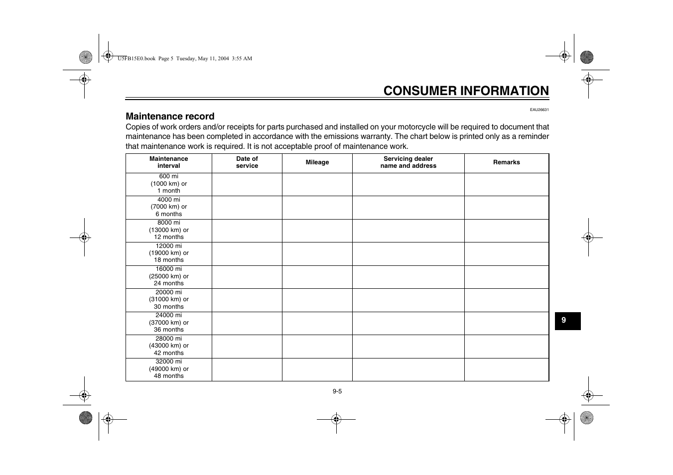 Consumer information, Maintenance record | Yamaha XVS650ATT(C User Manual | Page 93 / 101