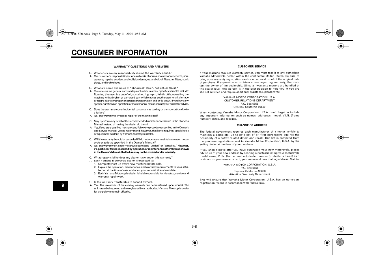 Consumer information | Yamaha XVS650ATT(C User Manual | Page 96 / 101