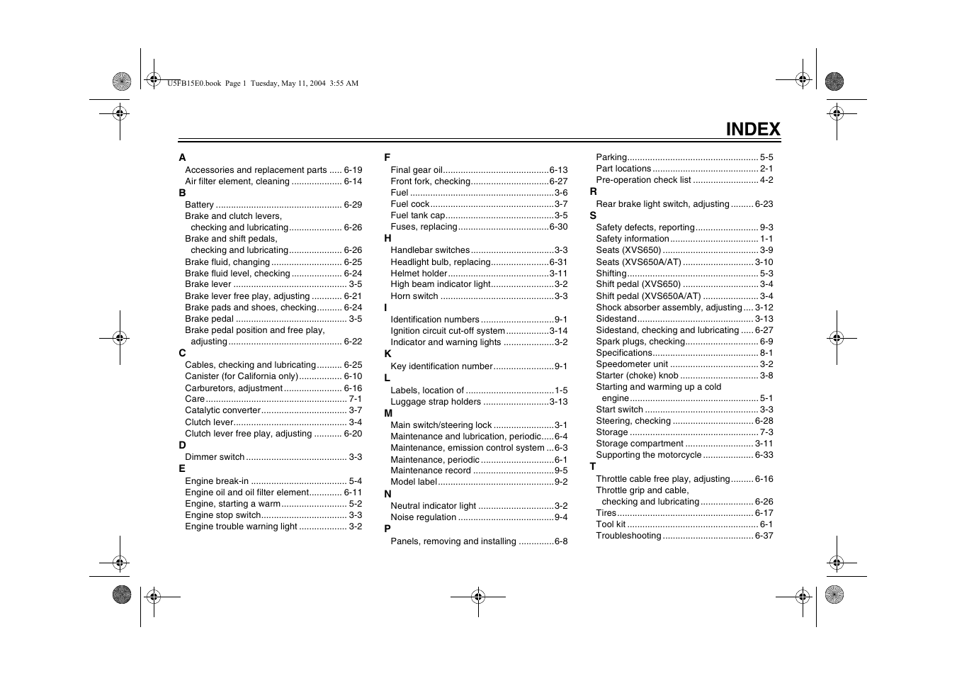 Index | Yamaha XVS650ATT(C User Manual | Page 99 / 101