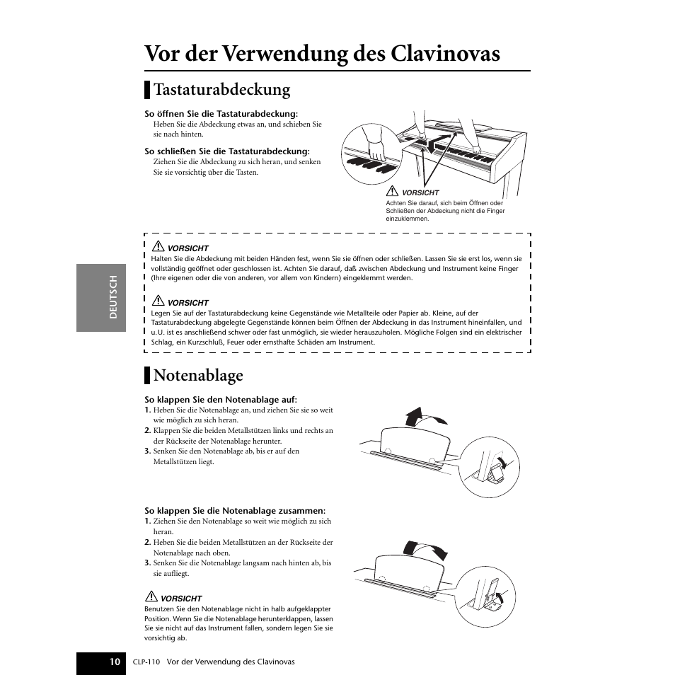 Vor der verwendung des clavinovas, Tastaturabdeckung, Notenablage | Tastaturabdeckung notenablage | Yamaha CLP-110 User Manual | Page 10 / 46