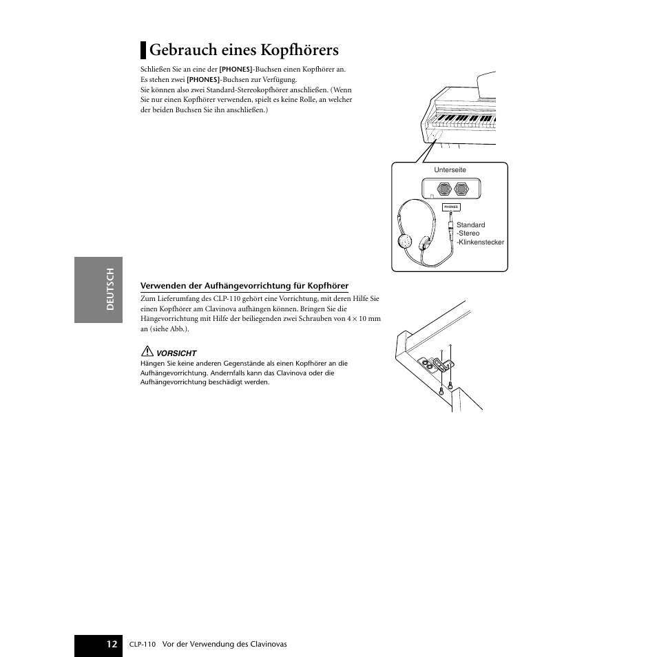 Gebrauch eines kopfhörers | Yamaha CLP-110 User Manual | Page 12 / 46