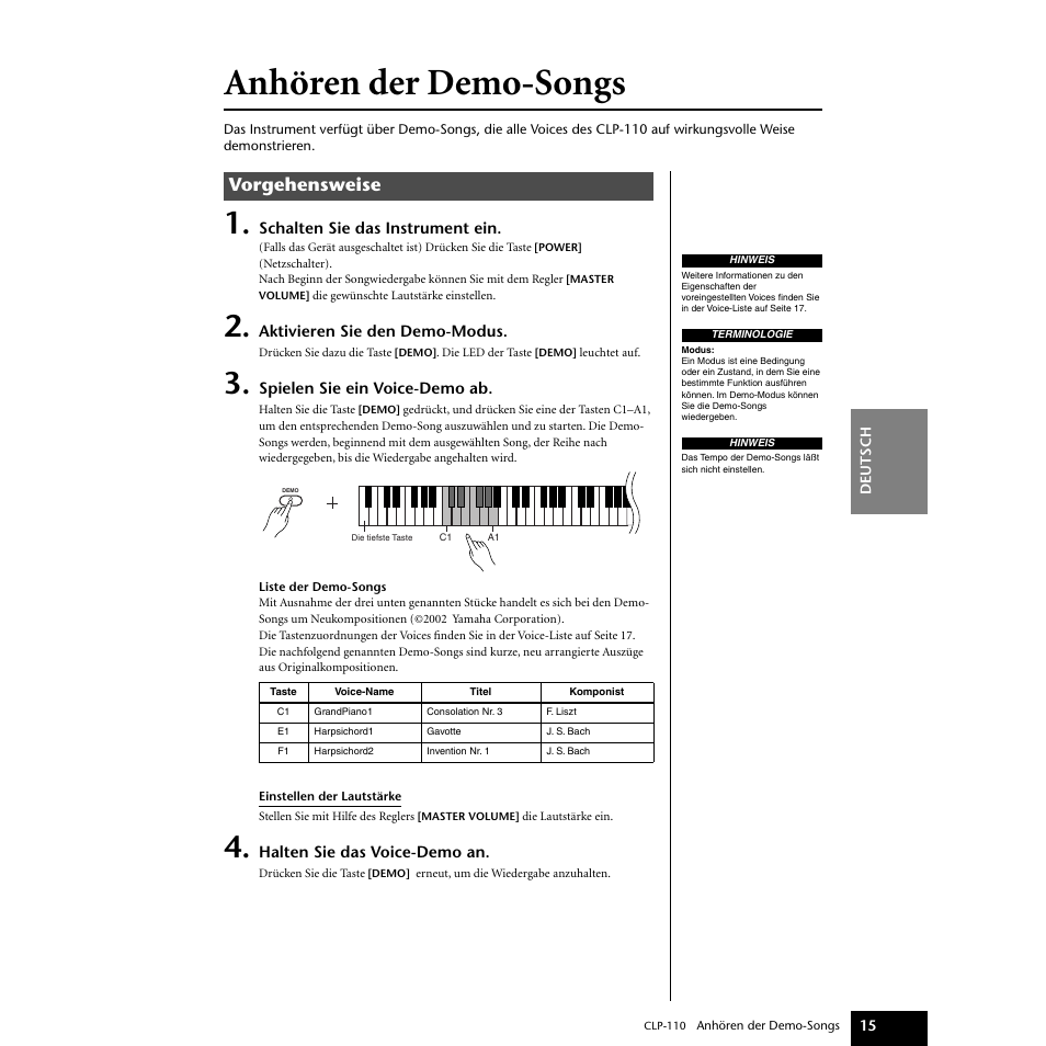 Anhören der demo-songs, Anhören der demo-songs“ auf seite 15, Vorgehensweise | Yamaha CLP-110 User Manual | Page 15 / 46