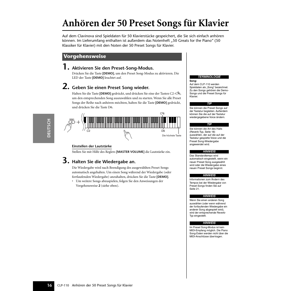 Anhören der 50 preset songs für klavier, Vorgehensweise | Yamaha CLP-110 User Manual | Page 16 / 46