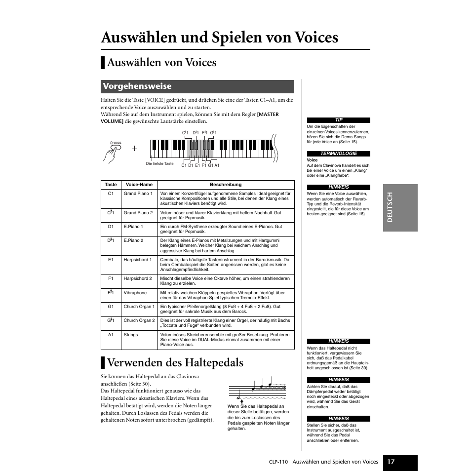 Auswählen und spielen von voices, Auswählen von voices, Verwenden des haltepedals | Auswählen von voices verwenden des haltepedals, Verwenden des haltepedals“ auf seite 17, Auswählen von voices“ auf seite 17, S17–19, S17, 30, Vorgehensweise | Yamaha CLP-110 User Manual | Page 17 / 46