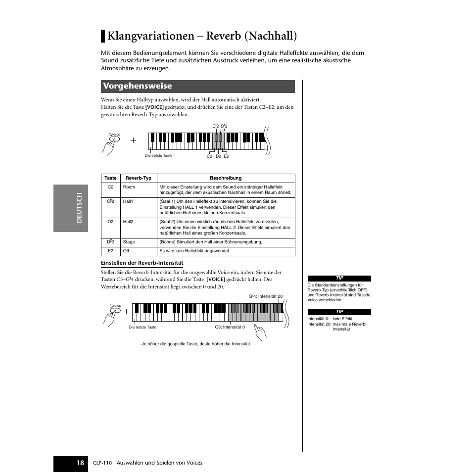 Klangvariationen – reverb (nachhall), Klangvariationen – reverb (nachhall)“ auf seite 18, Nnen die art des halls | Seite 18), Hlen, der auf die auf der, R diese voice am besten geeignet sind (seite 18), Vorgehensweise | Yamaha CLP-110 User Manual | Page 18 / 46