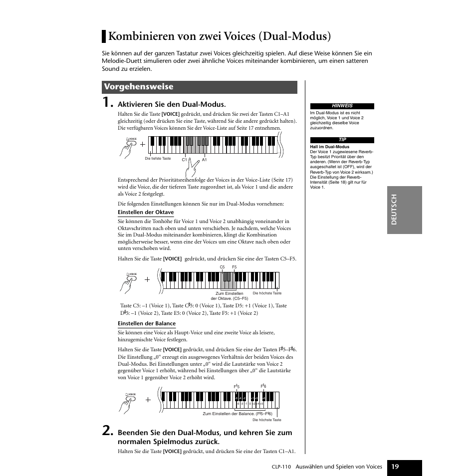 Kombinieren von zwei voices (dual-modus), Vorgehensweise, Aktivieren sie den dual-modus | Yamaha CLP-110 User Manual | Page 19 / 46