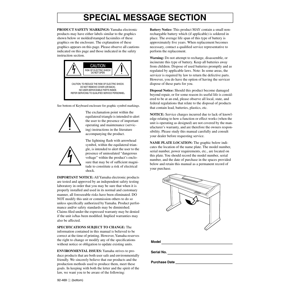 Introduction, Special message section | Yamaha CLP-110 User Manual | Page 2 / 46