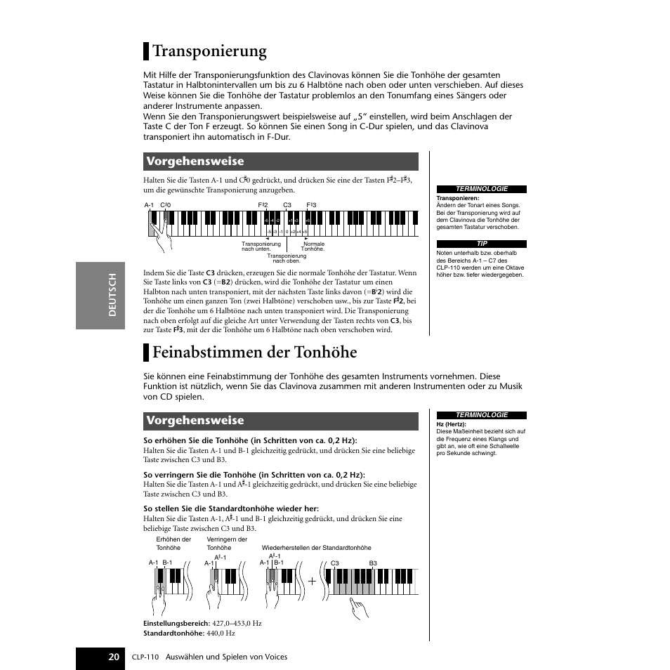 Transponierung, Feinabstimmen der tonhöhe, Transponierung feinabstimmen der tonhöhe | Transponierung“ auf seite 20, Feinabstimmen der tonhöhe“ auf seite 20, Vorgehensweise | Yamaha CLP-110 User Manual | Page 20 / 46