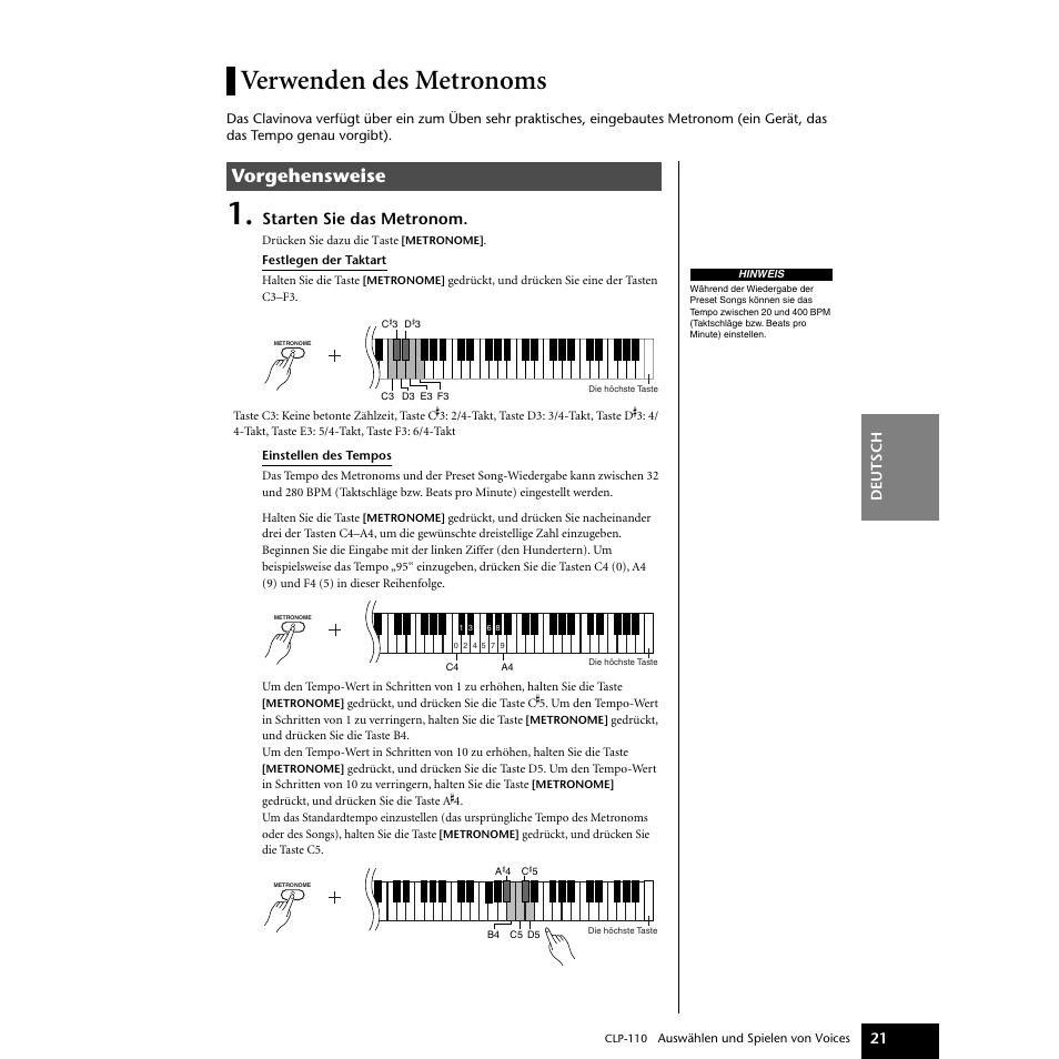 Verwenden des metronoms, Verwenden des metronoms“ auf seite 21, Preset songs | Seite 21, Vorgehensweise, Starten sie das metronom | Yamaha CLP-110 User Manual | Page 21 / 46