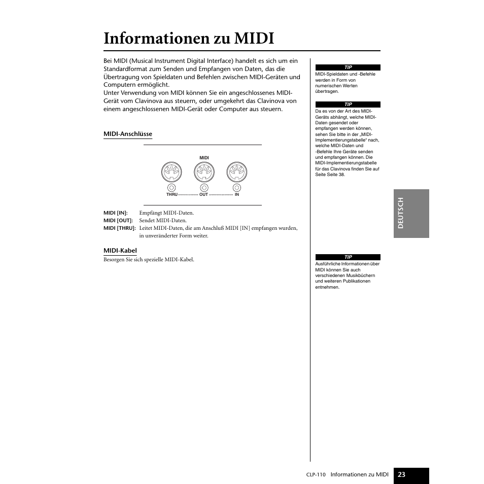 Informationen zu midi, Informationen zu midi“ auf seite 23 | Yamaha CLP-110 User Manual | Page 23 / 46