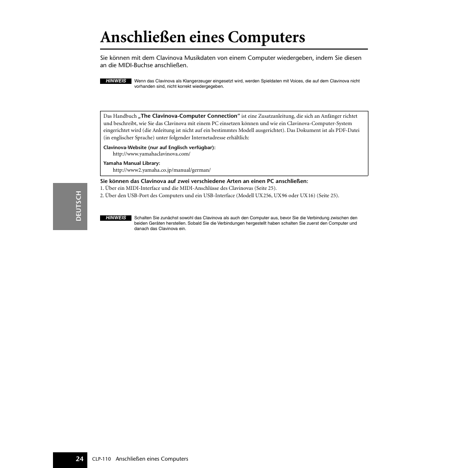 Anschließen eines computers, Anschließen eines computers“ auf seite 24 | Yamaha CLP-110 User Manual | Page 24 / 46