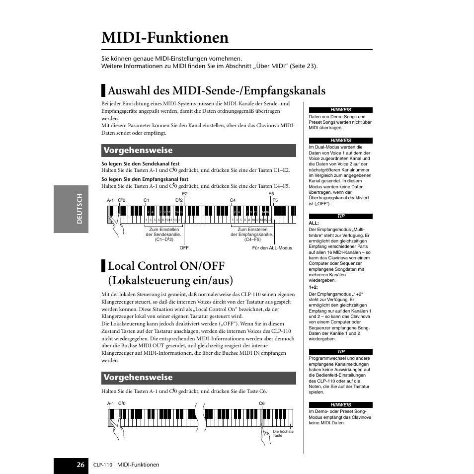 Midi-funktionen, Auswahl des midi-sende-/empfangskanals, Local control on/off (lokalsteuerung ein/aus) | Lokalsteuerung ein/aus), Vorgehensweise | Yamaha CLP-110 User Manual | Page 26 / 46