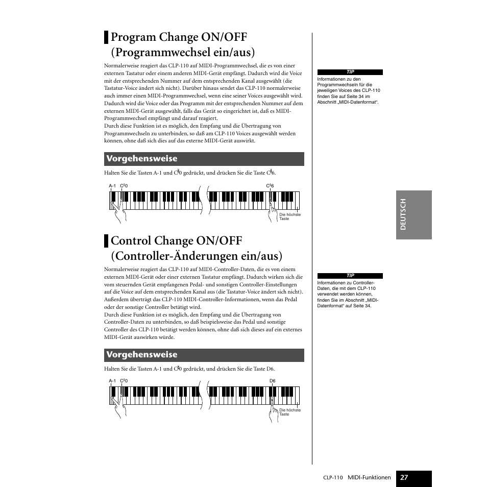 Program change on/off (programmwechsel ein/aus), Program change on/off, Programmwechsel ein/aus) | Control change on/off, Controller-änderungen ein/aus), Vorgehensweise | Yamaha CLP-110 User Manual | Page 27 / 46